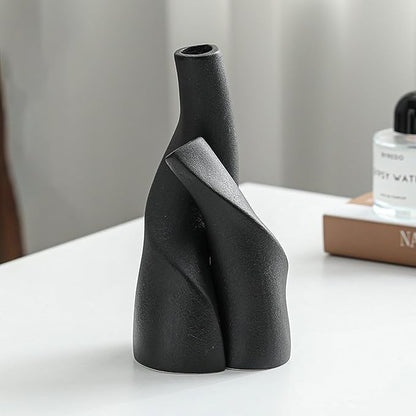 Irregular Circular Cross Ceramic Vase Set,Modern Minimalist Abstract Art Flower Vase for Home Decor,Decorative Small Bud Vase for Home Office Shelf Decor(Black)
