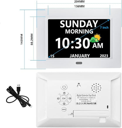 7 Inch Clock with Day and Date for Elderly Large Display Digital Clocks 12 Alarm 3 Display Modes Large Font Alzheimer's Clock Alarm Clocks for Seniors Auto DST White