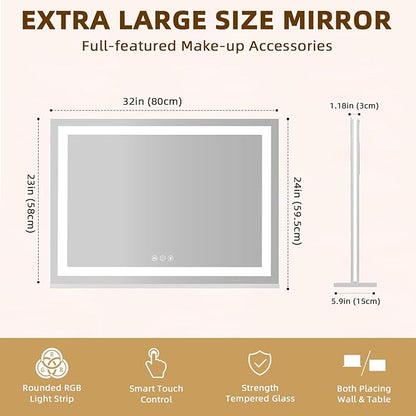 FENCHILIN Vanity Mirror with Lights, 32" x 23" RGB Backlit + Front Lit Large Hollywood Makeup Vanity Mirror LED Strip with 3 Colors Modes Smart Touch for Dressing Room & Bedroom White