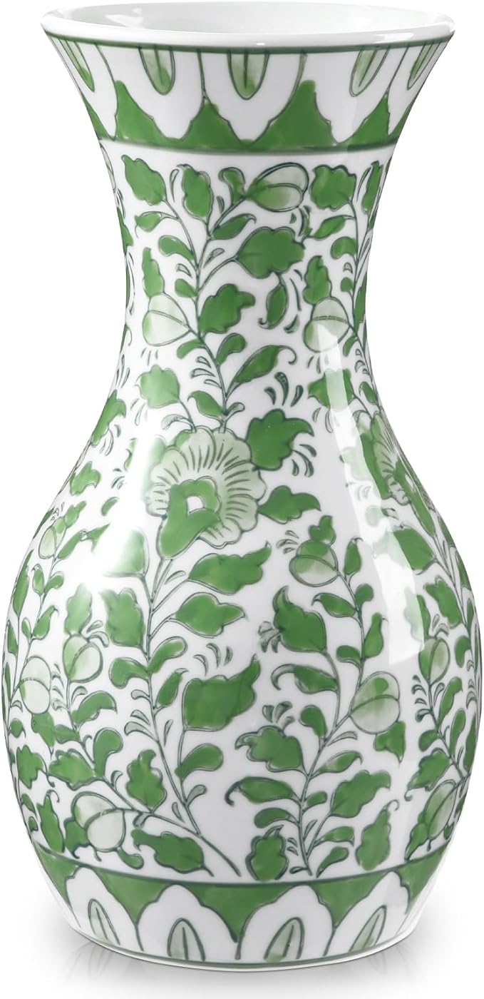 Green and White Ceramic Vase, 11" Tall Chinoiserie Vase in Wide Mouth, Vintage Green Flower Vases Decorative Vases for Home Decor, Table Centerpiece, Living Room, Dining Room, Entryways Decor