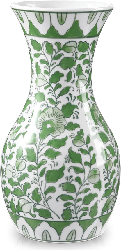 Green and White Ceramic Vase, 11" Tall Chinoiserie Vase in Wide Mouth, Vintage Green Flower Vases Decorative Vases for Home Decor, Table Centerpiece, Living Room, Dining Room, Entryways Decor