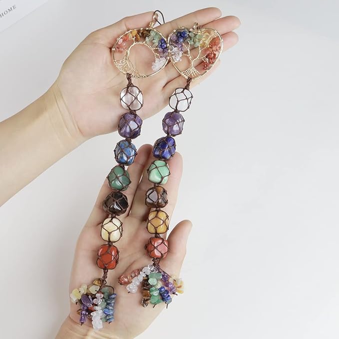 2 Pieces of 7 Chakras Healing Crystals and Tree of Life Wall Hanger Tumbled Gemstones Meditation Hanging Ornament Christmas Tree Memorial Hanging Pendant (Style 4)