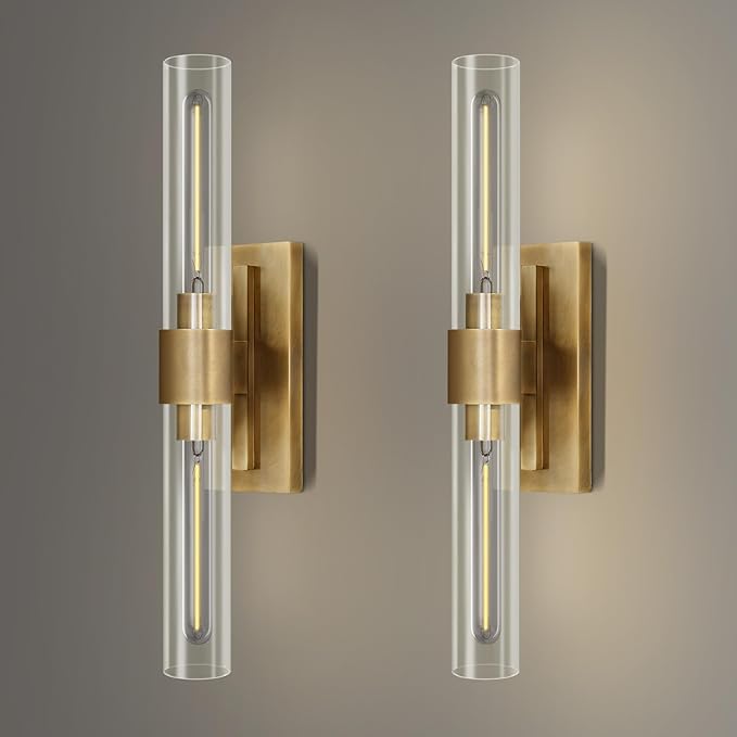 Wall Sconces Set of 2, Gold Wall Lighting Fixtures with Clear Glass, Mounted Lamps for Bedroom, Bathroom, Living Room, Hallway