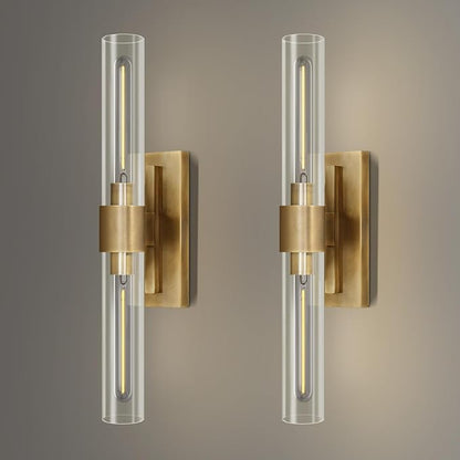 Wall Sconces Set of 2, Gold Wall Lighting Fixtures with Clear Glass, Mounted Lamps for Bedroom, Bathroom, Living Room, Hallway