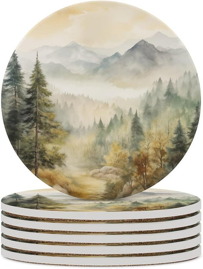 Round-6PCS Forest Ceramic Coasters, Round Absorbent Drink Coasters, Watercolor Mountain Forest Nature Tree Woodland Ceramic Table Coasters for Coffee, Beverage, Wine, Beer Coasters