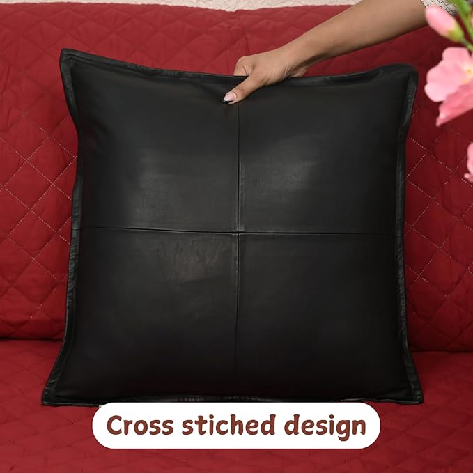 Lambskin Leather Pillow Cover - Sofa Cushion Case - Decorative Throw Covers for Living Room & Bedroom, 22x22 Inches - Black Box Pack of 1