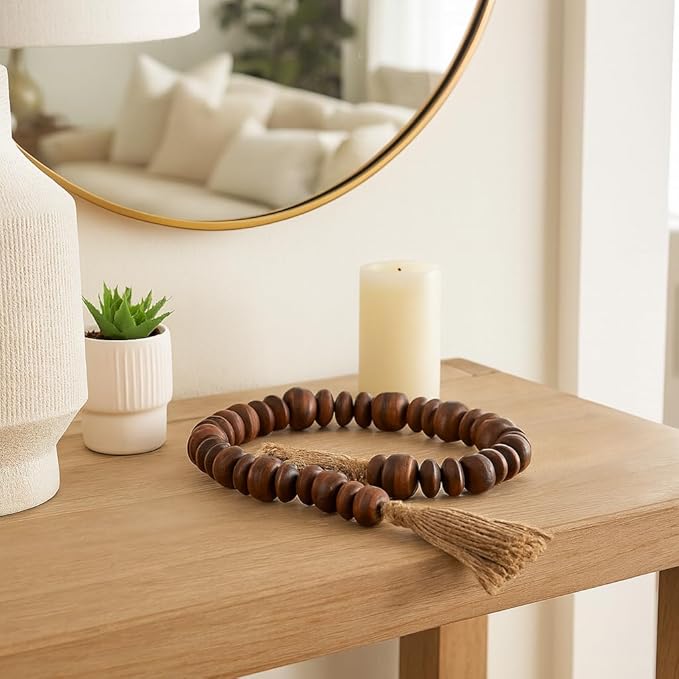 Sagebrook Home Rustic Wood Bead Garland with Jute Tassels - Decorative Farmhouse Beads for Coffee Table, Shelf, or Mantel - Natural Boho Accent for Home Décor - 1.25" Natural/Brown
