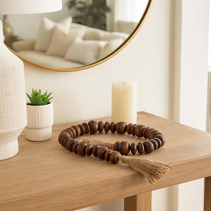 Sagebrook Home Rustic Wood Bead Garland with Jute Tassels - Decorative Farmhouse Beads for Coffee Table, Shelf, or Mantel - Natural Boho Accent for Home Décor - 1.25" Natural/Brown