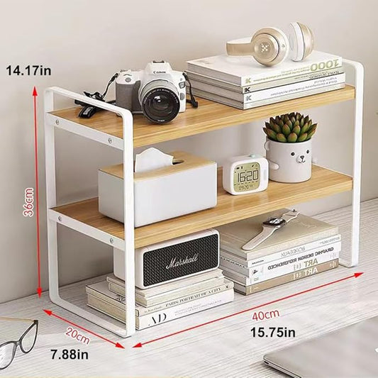 Hbluefat Desktop Organizer Shelf, 2-Tier Multipurpose Tabletop Storage Bookshelf, Small Wooden Countertop Storage Rack for Home Office Kitchen (Wood+White)