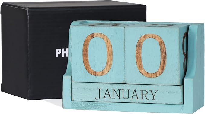 Wooden Desk Calendar,Desk Calendar Blocks for Teachers,Office Perpetual Date Block Small Home Desktop Decor Chic Vintage Month with Number Cubes Display Rustic Decoration(Ocean Blue)