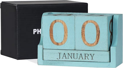 Wooden Desk Calendar,Desk Calendar Blocks for Teachers,Office Perpetual Date Block Small Home Desktop Decor Chic Vintage Month with Number Cubes Display Rustic Decoration(Ocean Blue)