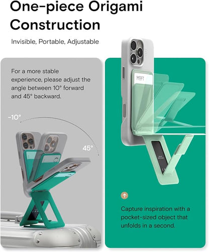 MOFT Phone Tripod Wallet for iPhone, Mulit-Angles, Lightweight & Portable Phone Stand, MOVAS Vegan Leather Magnetic Wallet, Strong Magnets, NFC Card Holder,Travel Essential, Oz Green (with Card Slot)
