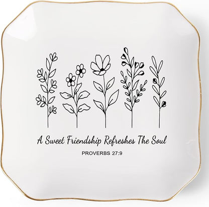 Friendship Gifts for Women Jewelry Dish Trinket Tray - A Sweet Friendship Refreshes The Soul, Christian Birthday Gifts for Women Best Friend Christmas Mothers Day Religious Gift