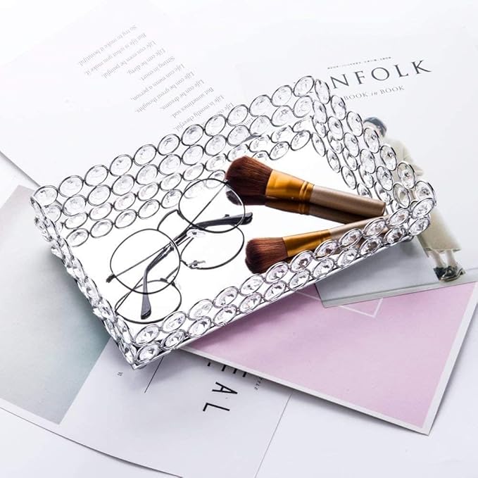 Feyarl Crystal Perfume Tray Cosmetic Makeup Vanity Tray Jewelry Trinket Rings Earrings Organizer Decorative Tray Storage for Home Deco Wedding Dresser Tabletop Girl Women Gift(10" x 6 "Silver)