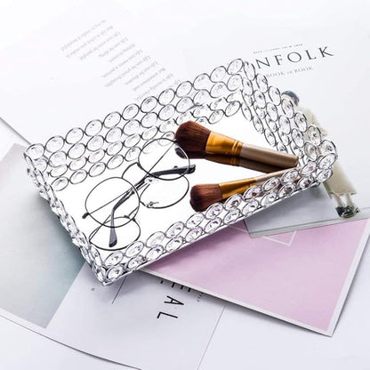 Feyarl Crystal Perfume Tray Cosmetic Makeup Vanity Tray Jewelry Trinket Rings Earrings Organizer Decorative Tray Storage for Home Deco Wedding Dresser Tabletop Girl Women Gift(10" x 6 "Silver)