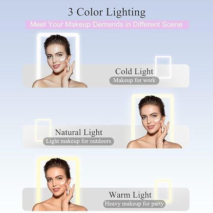 FUNTOUCH Rechargeable Travel Makeup Mirror Lights, Portable 72 Led Lighted Makeup Mirror, 3 Color Lighting, Dimmable Touch Screen, Type C, Tabletop LED Folding Cosmetic Vanity Mirror-Purple
