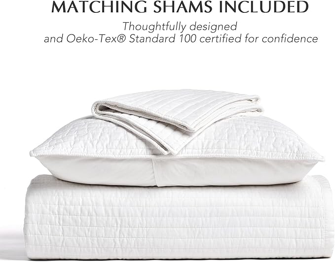 EVERGRACEHOME Cotton Sateen Quilt Set Queen Size, Pre-Washed Cotton Channel Stitch Coverlet Bedspread, 3 Pieces Lightweight Soft Bedding Sets for All Season, with 2 Pillow Shams, Bright White