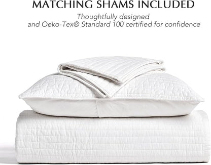 EVERGRACEHOME Cotton Sateen Quilt Set Queen Size, Pre-Washed Cotton Channel Stitch Coverlet Bedspread, 3 Pieces Lightweight Soft Bedding Sets for All Season, with 2 Pillow Shams, Bright White