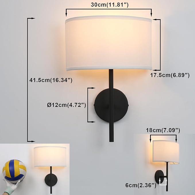 Yosoan Fabric Wall Sconce Indoor Bedside Wall Lamp Fixture, Vintage Industrial Hardwired Brass Boho Semi Circular with White Half Moon Shade for Reading Bedroom Living Room Dinning Room(Black)