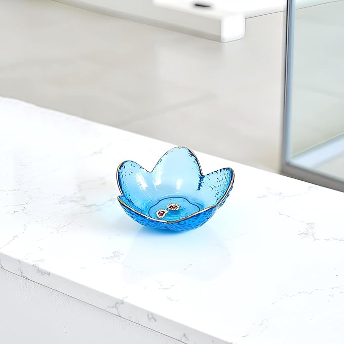 Flower Shape Ring Dish Jewelry Tray Organizer, Glass Accent Tray for Vanity, Small Decorative Trinket Dish, Crystal blue