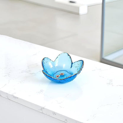Flower Shape Ring Dish Jewelry Tray Organizer, Glass Accent Tray for Vanity, Small Decorative Trinket Dish, Crystal blue