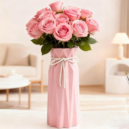 Ceramic Flower Vase Modern Home Decor Vases for Centerpieces Pink Minimalist Farmhouse 9.5" H x 3.9" W Cute Decorative Vases Flowers Tulip Pampas Grass Vase for Table Bathroom Shelf