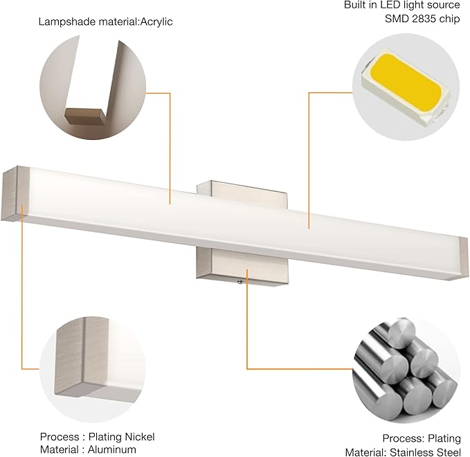 Bathroom Vanity Light Brushed Nickel Square LED 24 inch 14W Dimmable 4000K Natural White Light Wall Bar Lighting Fixtures Over Mirror