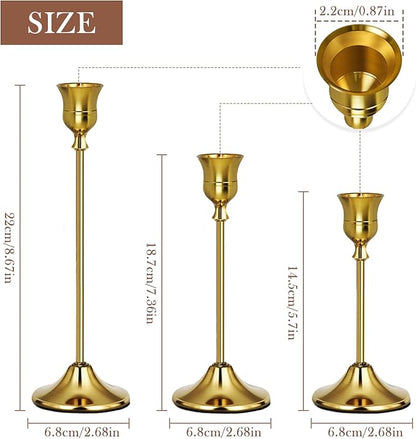 Gold Candlestick Holders Set of 3, Weighted, Metal Taper Candle Stick Holders, Vintage Christmas Brass Home Decor for Table, Mantel, Room Decorations Housewarming Gift Gold-3