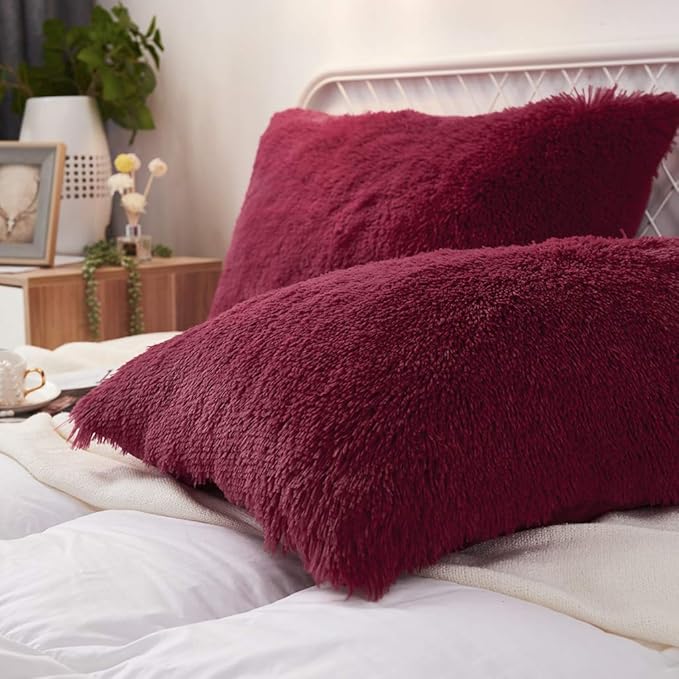 Uhamho Set of 2 Standard Pillowcases Faux Fur Throw Pillow Covers Queen Size Shams Soft Velvet Decorative Zipper Closure (Burgundy, 20"x26")