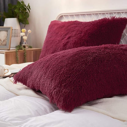 Uhamho Set of 2 Standard Pillowcases Faux Fur Throw Pillow Covers Queen Size Shams Soft Velvet Decorative Zipper Closure (Burgundy, 20"x26")