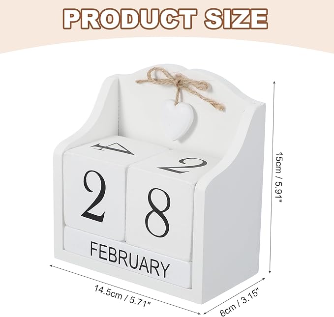 uxcell Wooden Desk Calendar, Wood Block Perpetual Calendar Vintage with 5 Blocks & Heart Reusable Month Date Display for Desk Office Home Desktop Decoration, White