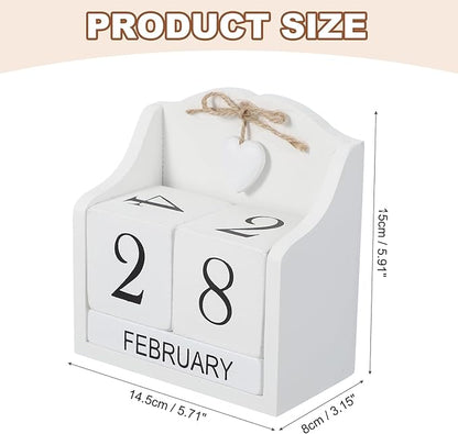 uxcell Wooden Desk Calendar, Wood Block Perpetual Calendar Vintage with 5 Blocks & Heart Reusable Month Date Display for Desk Office Home Desktop Decoration, White