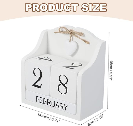 uxcell Wooden Desk Calendar, Wood Block Perpetual Calendar Vintage with 5 Blocks & Heart Reusable Month Date Display for Desk Office Home Desktop Decoration, White