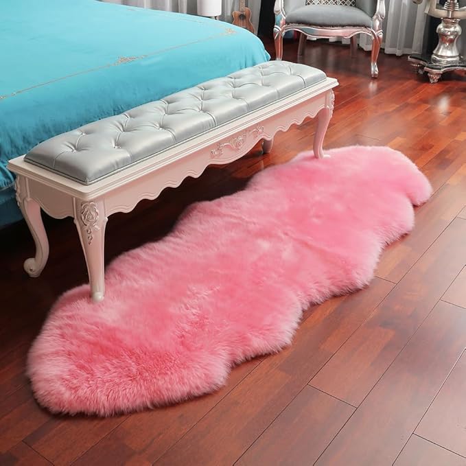 Premium Genuine Fur Sheepskin Rug Real Australia Sheepskin Natural Luxury Fluffy Lambskin Fur Area Rug Seat Covers for Kids Bedroom Sofa Chair Cover (Pink, Double Pelt/2ft x 6ft)