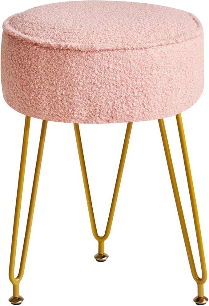 IBUYKE Teddy Velvet Round Footrest Stool Ottoman, Makeup Vanity Stool Side Table, Velvet Dressing Table Seat, Pouf Couch Stool, for Living Room Bedroom, Pink WBD009P