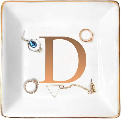 ANOTION Jewelry Tray Ring Dish with Ini-tial Gift- Personalized Trinket Dish and Jewelry Dish with Gold Initials Key Bowl Ceramic Holder, Unique Wedding or Engagement Present