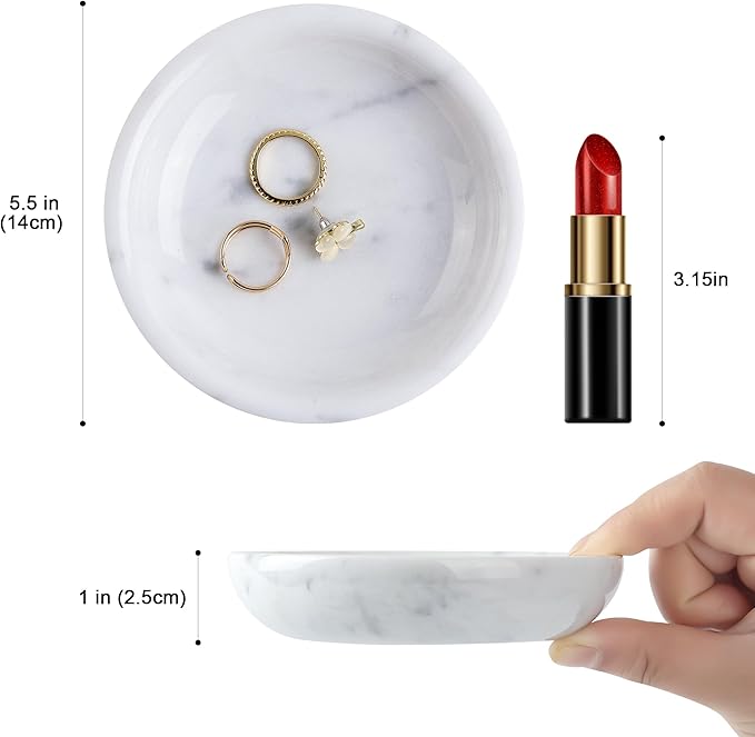 Natural Marble Travertine Ring Dish Jewelry Tray 5.5" for Women, Marble Trinket Dish for Key Earring Nightstand, Mother's Day Engagement Birthday Gift - Italian White