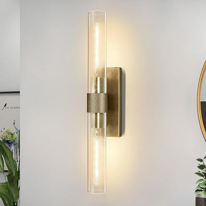 Brass Wall Sconces, Bathroom Wall Sconce, 22.8" Gold Wall Sconces, 2-Light Dimmable Wall Sconce, Sconces Wall Lighting with Glass, Vanity Light Tube Sconce for Bedroom Living Room, Hallway