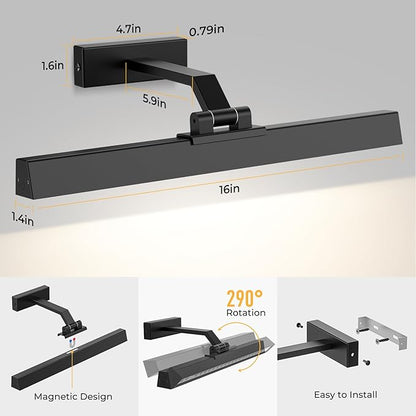 Picture Lights Wall Light 16in CCT Gallery Light | Battery Operated, Timer, Remote Control, Adjustable Brightness, Long Lasting, for Wall, for Paintings, for Living Room, Art, Dartboard, Decor