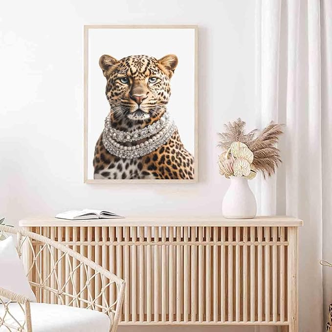 Leopard Canvas Wall Art Trendy Wild Animal Pictures Animal Portrait Wall Art Cheetah Aesthetic Posters Women Fashion Posters Whimsical Leopard Poster Cute Abstract Living Room Decor 16x24inch No Frame
