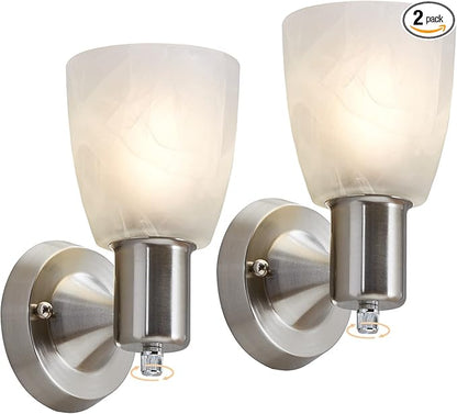 Wall Sconces Set of 2, Brushed Nickel Vanity Lights for Bathroom, Modern Wall Light Fixtures with Rotary Switch, Wall Mount Light with Frosted Glass, Farmhouse Lamp for Bedroom Living Room