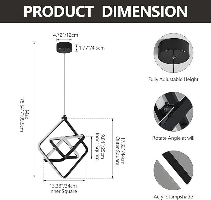 Modern LED Pendant Light Black Pendant Lights 4000K 35W Dimmable External Glow Height Adjustable Pendant Lighting Rectangle Chandelier for Kitchen Island Dining Room Bedroom Foyer（3-Ring）