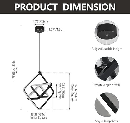 Modern LED Pendant Light Black Pendant Lights 4000K 35W Dimmable External Glow Height Adjustable Pendant Lighting Rectangle Chandelier for Kitchen Island Dining Room Bedroom Foyer（3-Ring）