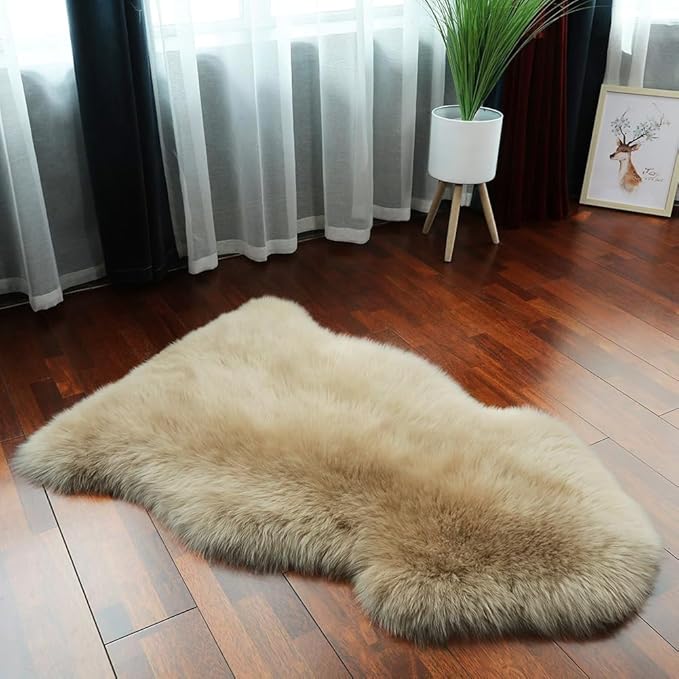 LLB Genuine Sheepskin Area Rug Wool Rug Fur Carpet Fluffy Shaggy Fur Rug for Living Room Kids Bedroom Real Sheepskin Throw Lambskin Rugs Sofa Mat Chair Seat Covers (Tan, 2 x 3 ft Sheepskin)
