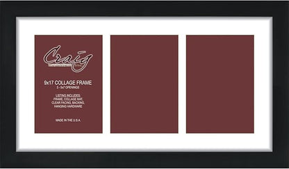 Craig Frames 9x17 Picture Frame - Black Contemporary Style, 1 inch Wood Composite Moulding, Smooth Wrap Finish, Glass, White Collage Mat with 3 Openings - Wall Display for 5x7 Photos