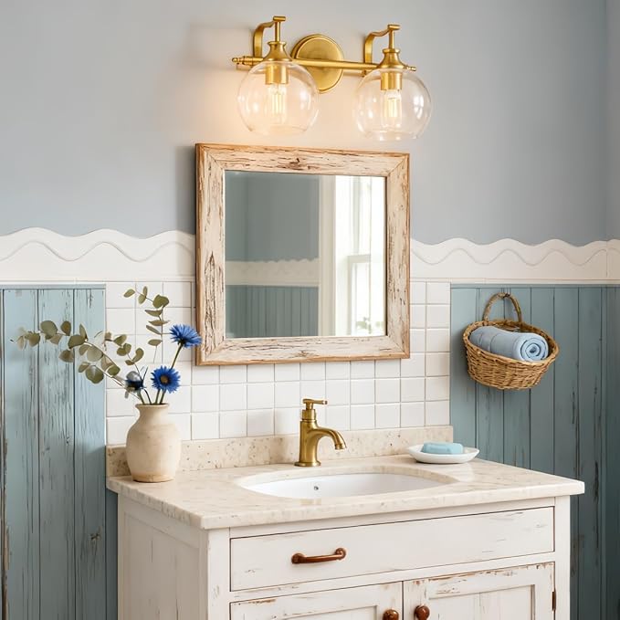 ANDY STAR Gold Bathroom Light Fixtures, 2-Light Brass Vanity Light, Modern Sconces with Globe Clear Lampshade, Farmhouse Bathroom Lighting Fixtures Over Mirror with Metal Lamp Body, E26 Base