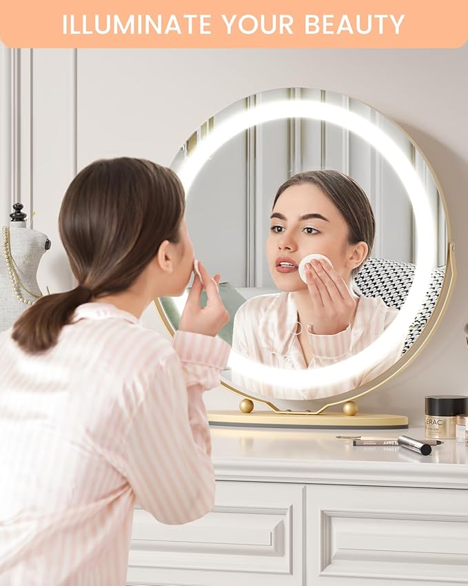 Vanity Mirror with Led Lights, 19 Inches Touch Control 3 Color 2024 New Dimmable Makeup Mirror, 360°Rotation Round Desk Mirror, Easy to Assemble (Gold)