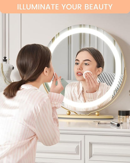 Vanity Mirror with Led Lights, 19 Inches Touch Control 3 Color 2024 New Dimmable Makeup Mirror, 360°Rotation Round Desk Mirror, Easy to Assemble (Gold)