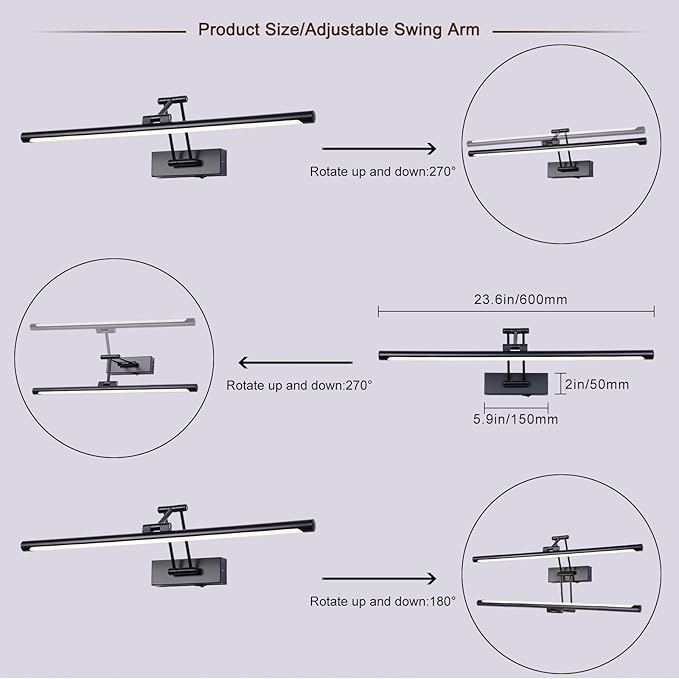 LED Battery Operated Picture Lights with Remote Wireless Art Lighting for Wall 23.6 Inch Rechargeable Painting Light Black Frame Lights Dimmable 3CCT Gallery Light for Library Portrait