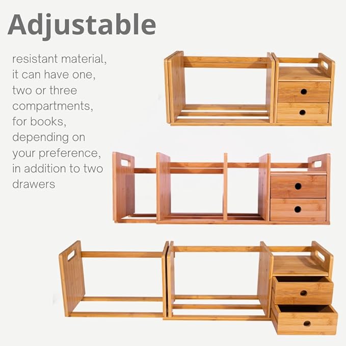 ECOHOME Desktop Bookshelf Expandable with Two Drawer Organizers Made of Bamboo, Collapsible Design & Compartments for Efficient, Clutter-Free Workspace Organization - Sleek Bookshelf
